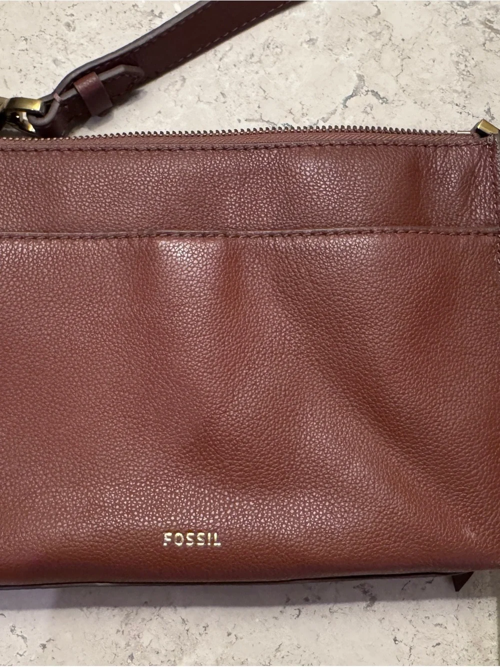 Fossil Leather Crossbody Bag, Cognac Brown, Pebbled Leather, with Brass Hardware